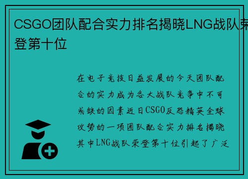CSGO团队配合实力排名揭晓LNG战队荣登第十位